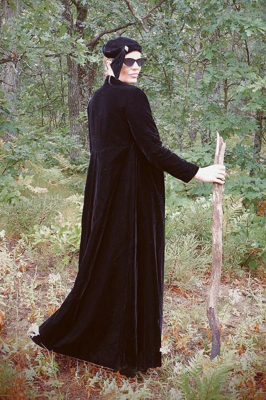 1960s Black Velvet Opera Coat with Rhinestone Buttons – Size S/M